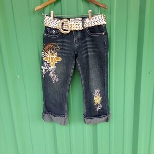 Junior's Piper & Blue Floral Printed Jeweled Cropped Blue Jeans Size 5 Boho